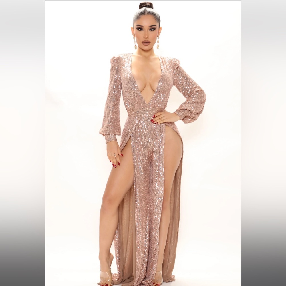NWT • Fashion Nova • 'Sensational' High Slit Sequin Jumpsuit • Rose Gold • M